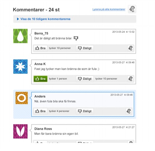 Kommentarerna kommer i den ordning man börjat skriva dem. De kommer under varandra. Varje ny person som skriver en kommentar får en ny bild. På den här bilden kan man se en droppe, en blomma, en ring och två blad.