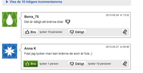 Till höger syns en droppformad bild. I en ruta till vänster om bilden har Berra_75 skrivit Det är dåligt att bränna bilar. Han har också gjort en tumme ned som symbol. Till höger under inlägget syns en blomformad bild. I en ruta till vänster om bilden har Anna K skrivit fast jag tycker man kan bränna de som är fula ;) Under kommentarerna finns en tecknad bild på en tumme som pekar uppåt. Bredvid står Bra tycker 18 personer. Till vänster finns en tecknad bild på en tumme som pekar ner. Längst ner till höger i rutorna finns ett öra. Där kan man trycka om man vill lyssna på kommentaren.